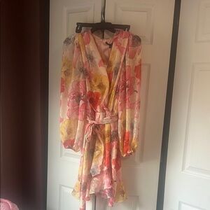 Alex Marie Pink and Yellow Floral Long Sleeve Wrap Dress